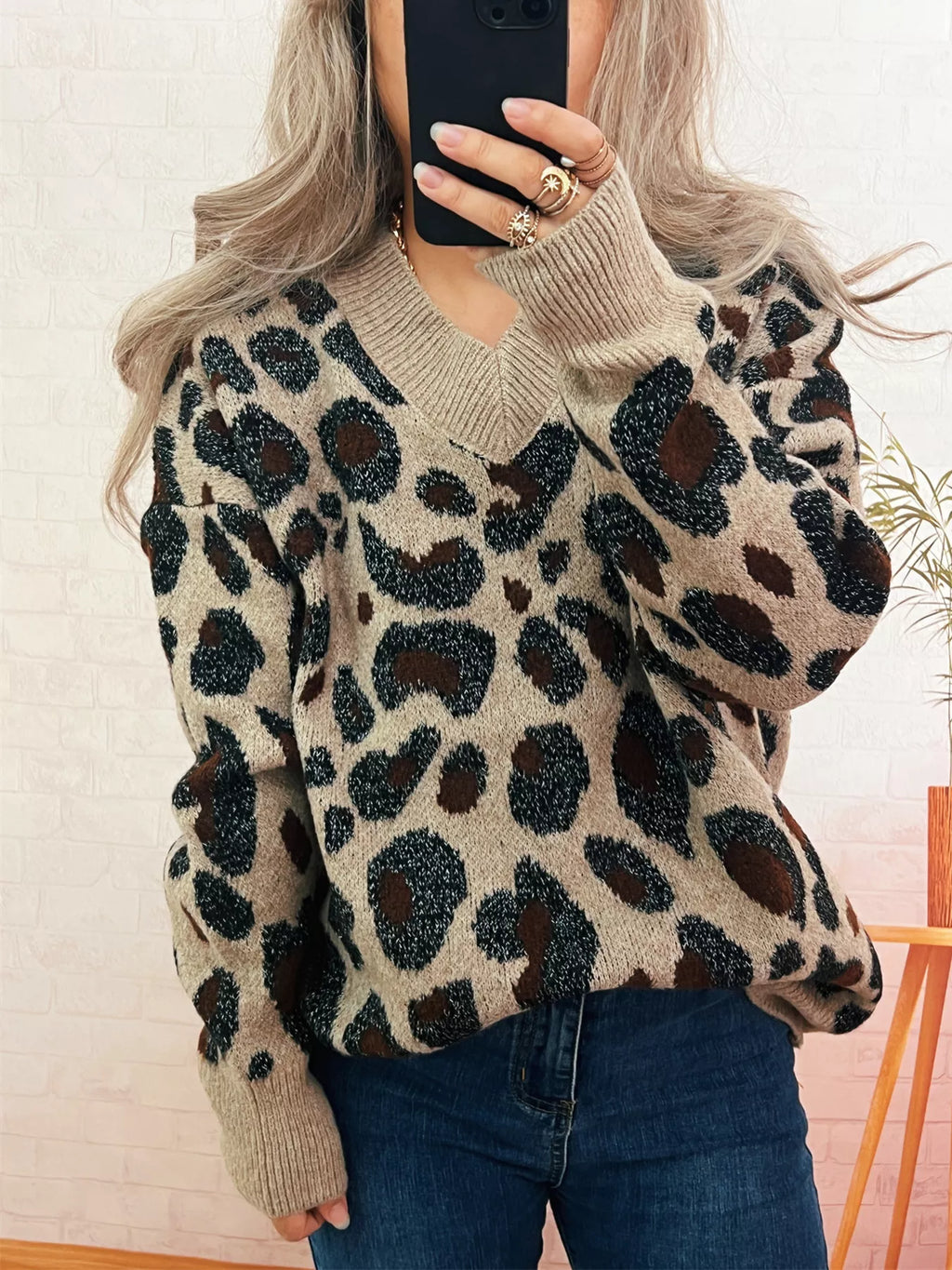 Women's Sweater Leopard Cozy V-Neck Drop Shoulder Long Sleeve be49874174f64db1aae52c027490c5a1-Max-Origin Trendsi