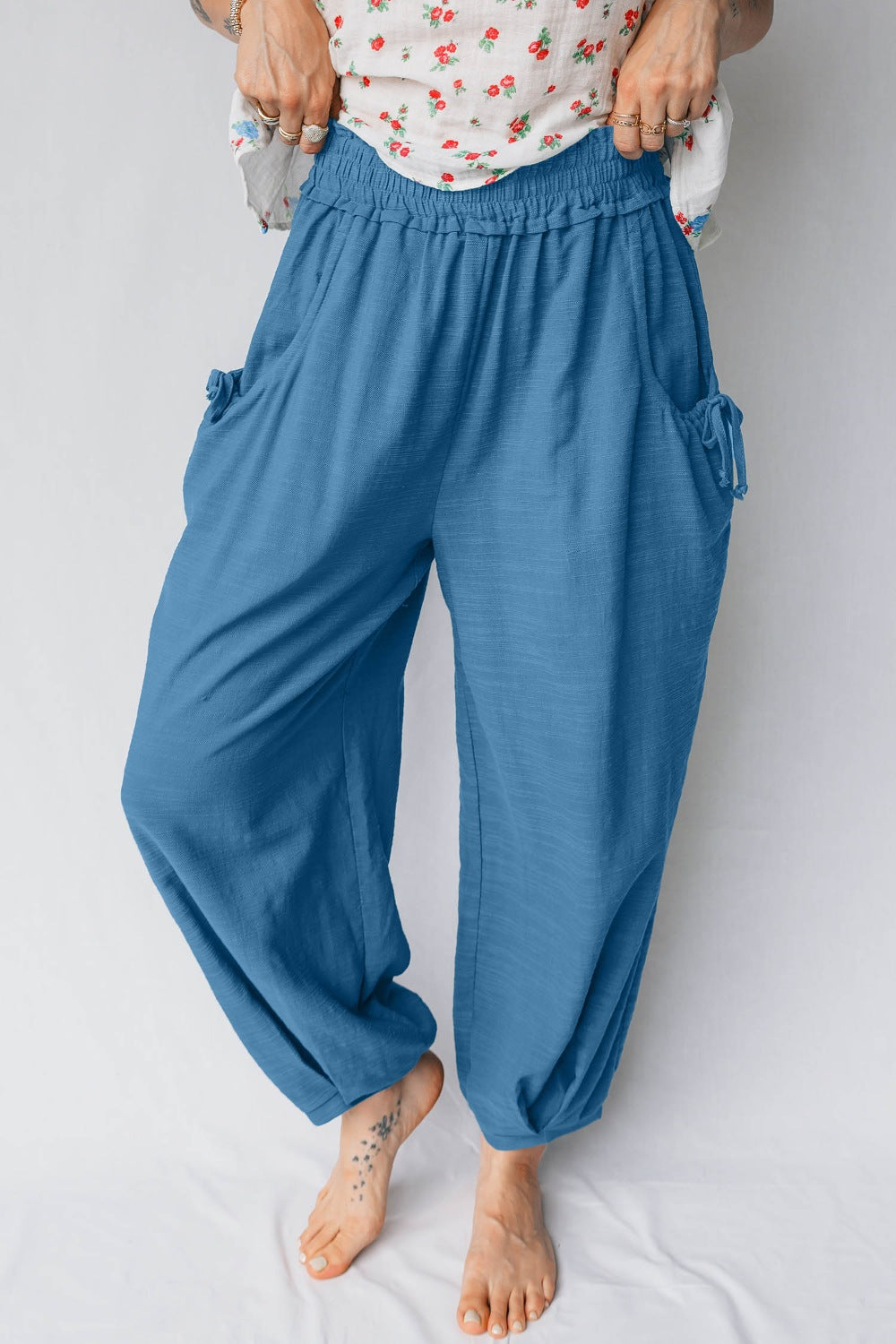 Casual Jogger Pants with Smocked Waist and Drawstring, Pocketed, 55% Cotton 45% Viscose
