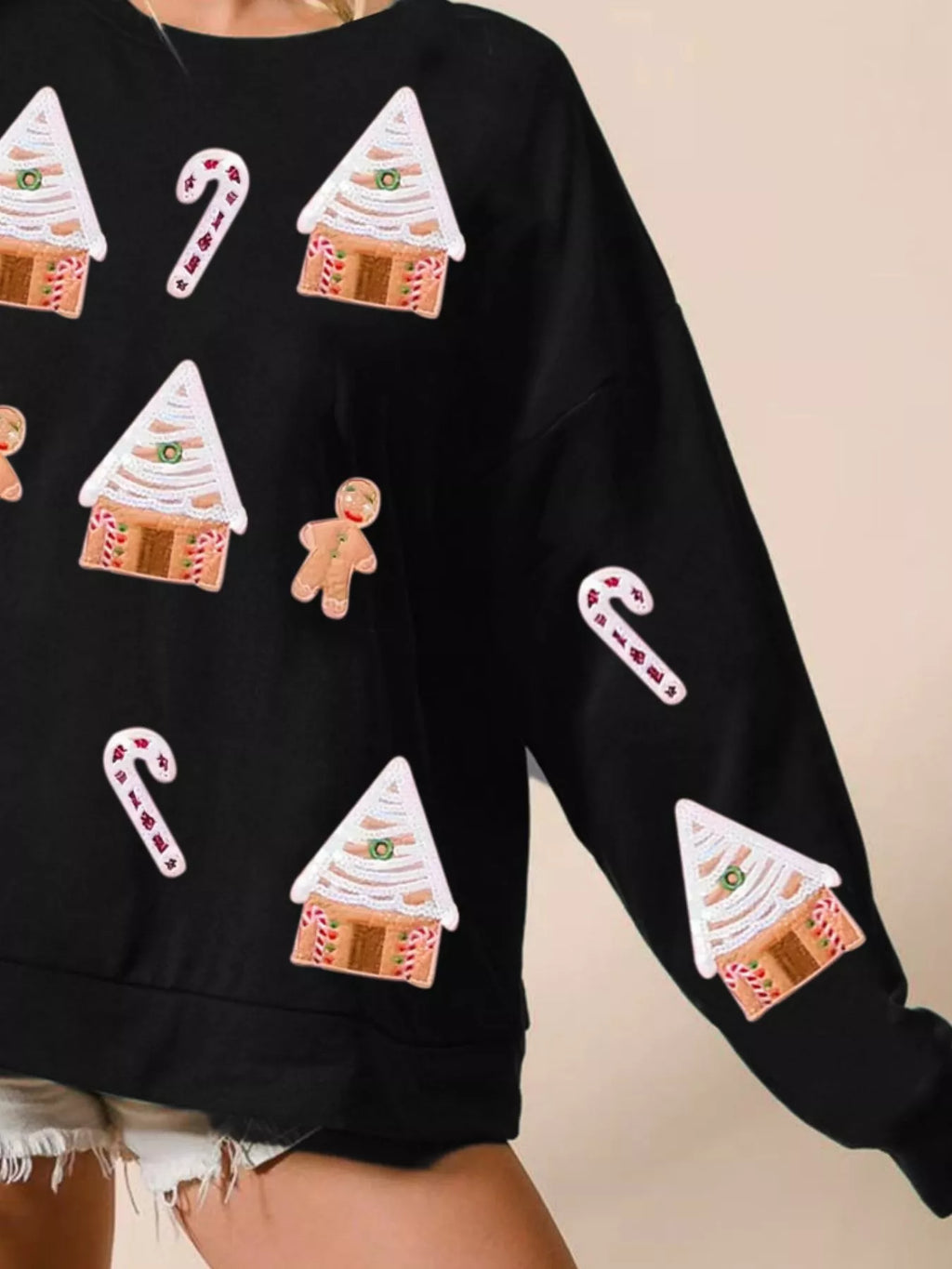 Christmas Women's Sweatshirt Gingerbread House Sequin Pullover be5ed0ac-8f18-4df6-913d-87c04ece163e-Max-Origin Trendsi