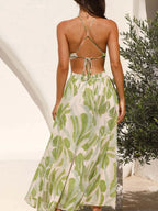 Maxi Sleeveless Dress Light Green Cutout V Neck Floral Tropical Print Backless be684b80-66aa-47ce-8606-159b964cd607-Max-Origin Trendsi