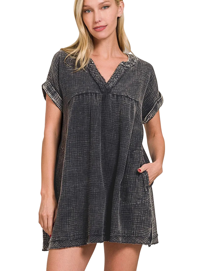 Zenana Washed Double Gauze V-Neck Dress with Raw Edge Detailing