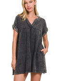 Zenana Washed Double Gauze V-Neck Dress with Raw Edge Detailing