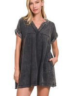 Zenana Washed Double Gauze V-Neck Dress with Raw Edge Detailing
