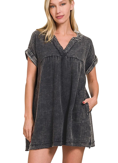 Zenana Washed Double Gauze V-Neck Dress with Raw Edge Detailing