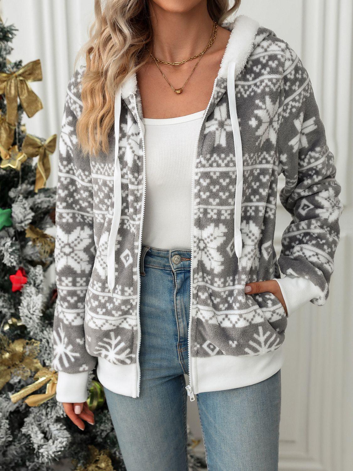 Christmas Jacket Women Snowflake Zip Up Hooded Warm Outerwear