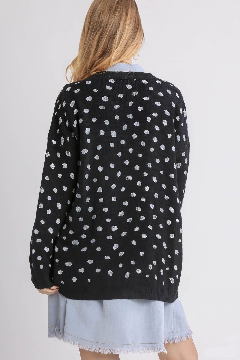 Umgee USA Polka Dot Knit Black Cardigan Open Front Long Sleeve Sweater