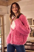 SO ME Womens Cardigan Pink Soft Touch Hairy Loose Fit Cozy Sweater be76daf5813e42d7af7e67c8544808fc-Max-Origin Trendsi