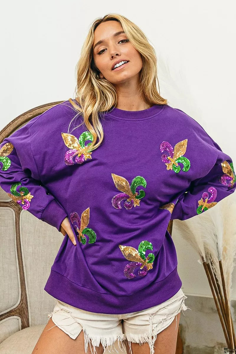 BiBi Sweatshirt Purple Mardi Gras Fleur De Lis Sequin Patches Long Sleeve Top be8628bf99864dbcb33ab2ecc03a965a-Max-Origin Trendsi