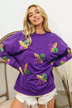 BiBi Sweatshirt Purple Mardi Gras Fleur De Lis Sequin Patches Long Sleeve Top be8628bf99864dbcb33ab2ecc03a965a-Max-Origin Trendsi