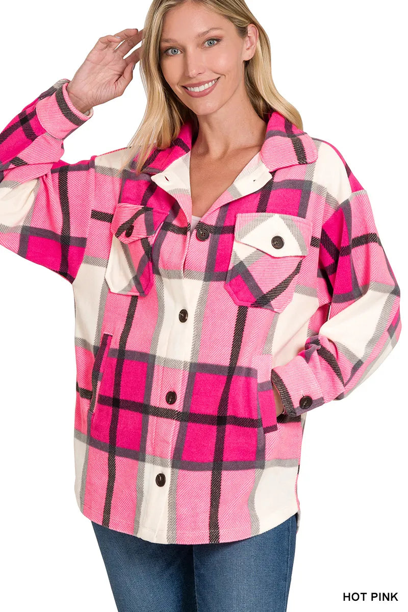 Zenana Oversized Women's Shacket Plaid Fleece Hot Pink Pocketed HOT PINK be9a89b8-b608-400d-acd2-afc4a6e610d7-Max-Origin Trendsi