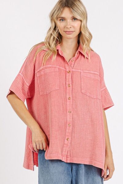Mittoshop Cotton Shirt Mineral Wash Gauze Oversized Short Sleeve Deep Coral DEEP CORAL bea7bd4b-82d9-4392-a703-85841d75ee2e-Min Trendsi