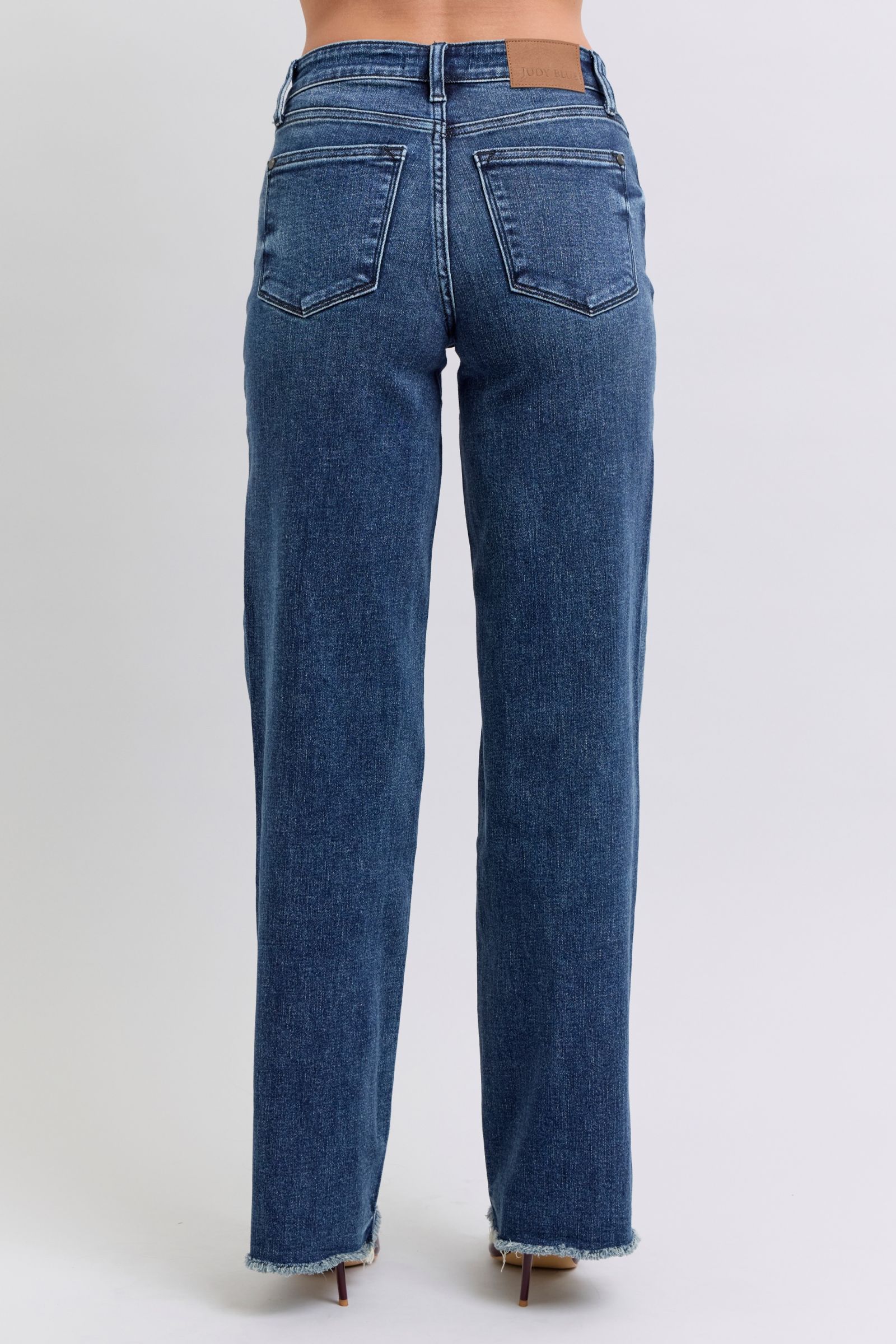 Judy Blue USA Women Jeans Raw Hem Mid Rise Straight Dark Wash Denim