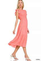 Zenana Midi Dress Coral Woven Smocked Ruffle Short Sleeve beb0effe85944f019a0ffacc550975f5-Max-Origin Trendsi