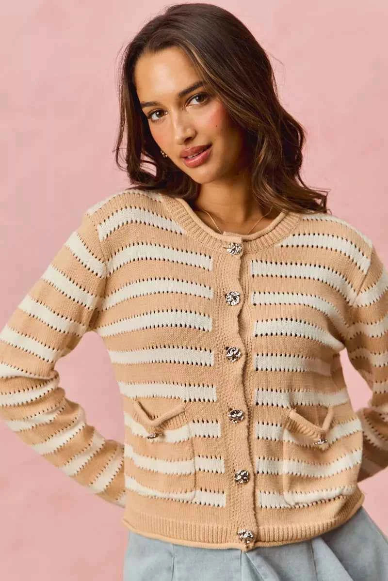 SO ME Women Sweater Cardigan Stripe White Beige Long Sleeves Buttoned beb2ee1f585845a99f9ff3a608f2c640-Max-Origin Trendsi