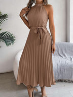 Pleated Midi Dress Grecian Neck Tie Waist Belted Halter Sleeveless beb5789d-69e4-4828-b84e-2fc3633622f1-Min Trendsi