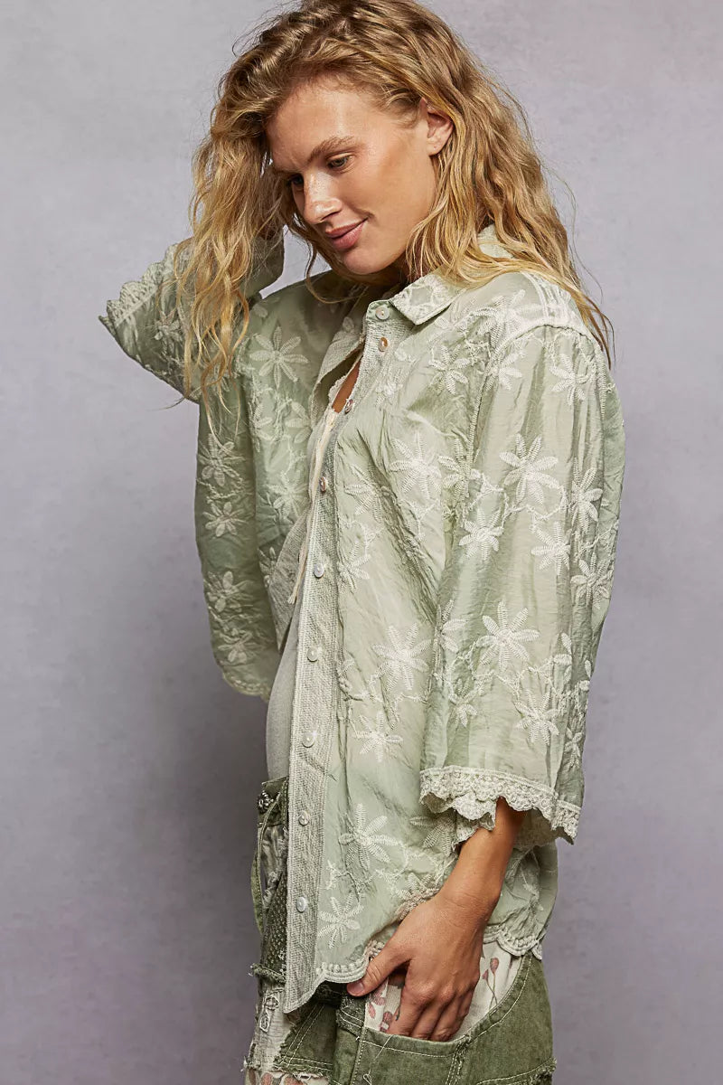 POL Shirt Sage Embroidered Floral Collared Neck with Scalloped Edges Top beb90e5f-cdf7-4604-8383-f573d3b04fe4-Max-Origin Trendsi