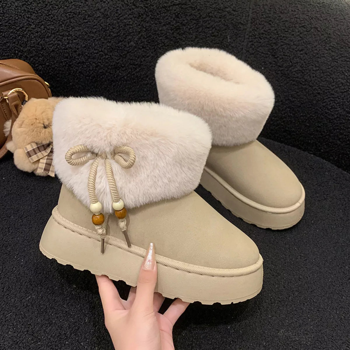 Women's Boots Faux Fur Fluff Suede Bow Round Toe Platform Low Heels Ivory bed1bf3d651f41d395aa810ae8e732cc-Max-Origin Trendsi