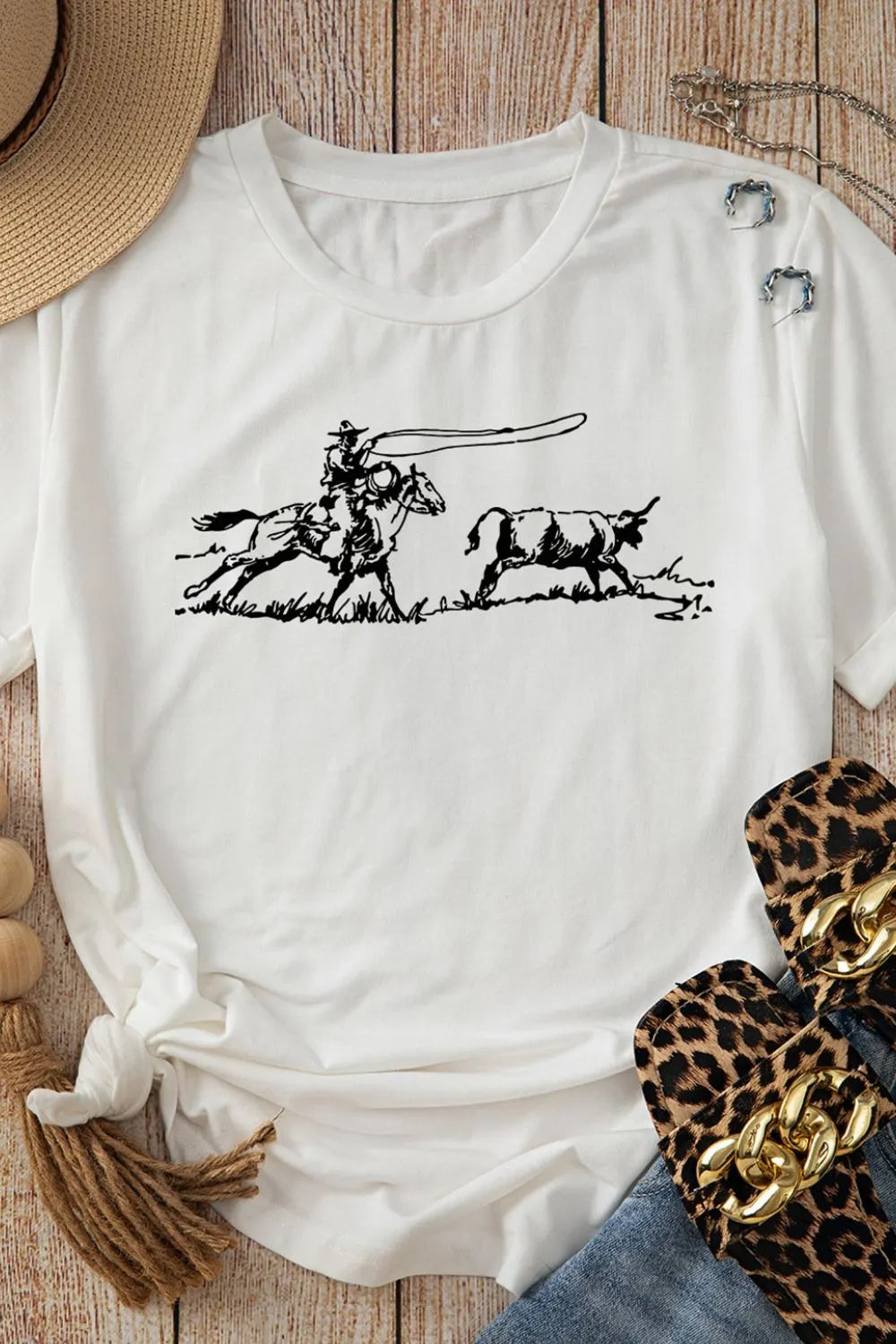 Women's T Shirt White Western Rodeo Graphic Print Round Neck Short Sleeve bed3c85e-2af5-4bf8-afc1-2d3b0bff5734-Max-Origin Trendsi