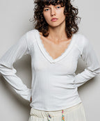 POL V-Neck Long Sleeve Ribbed Top with Lace-Accent Neckband