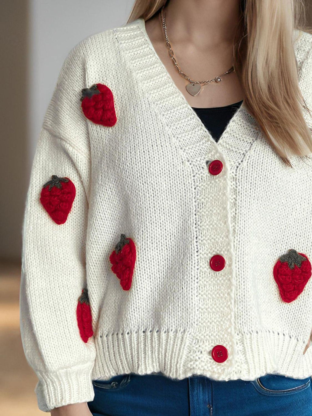 Crochet Cardigan Strawberry Embroidery V-Neck Long Sleeve Knitwear bef4e7ed-e4a4-4cff-b6d9-a923231a2c0f-Max Trendsi