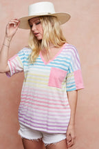 BiBi Cotton T-shirt Rainbow Stripe Printed Triblend Knit Short Sleeve Top bef4fd33c86541c9b63e918a2fc9d841-Max-Origin Trendsi