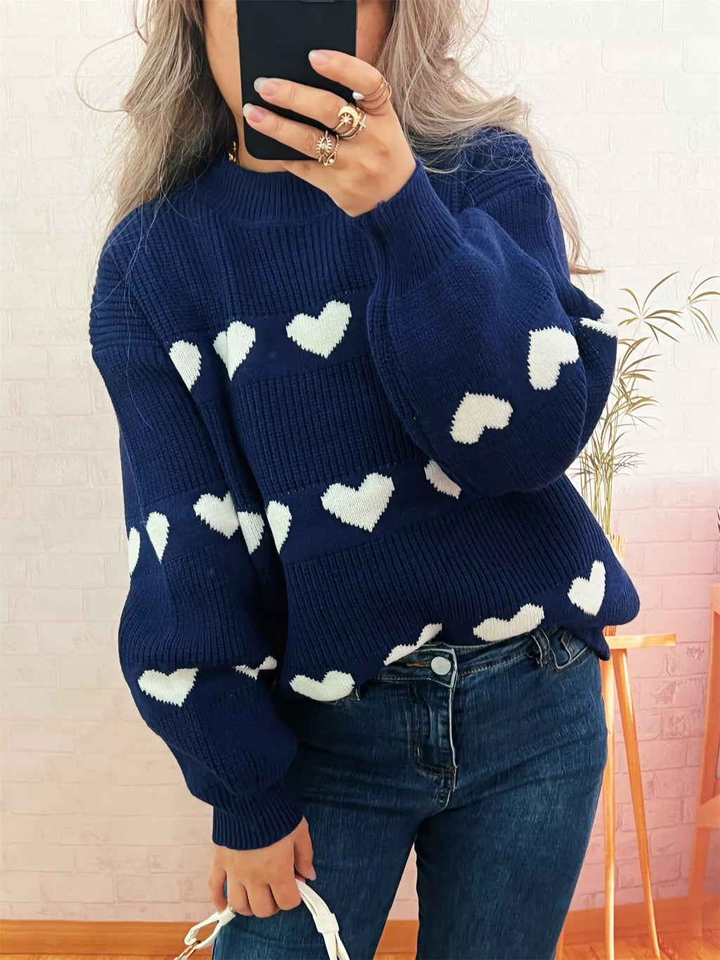 Women's Sweater Heart Pattern Dropped Shoulder Long Sleeve Puulover bef93cd467d0445a8929d27fe5bf99d9-Max-Origin Trendsi