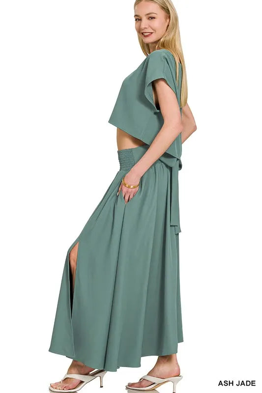 Zenana Crop Tee and Pleated Skirt Set Woven Crinkle Gauze Ash Jade Two-piece befc013256d44db2b1b68e77acf5f18b-Max-Origin Trendsi