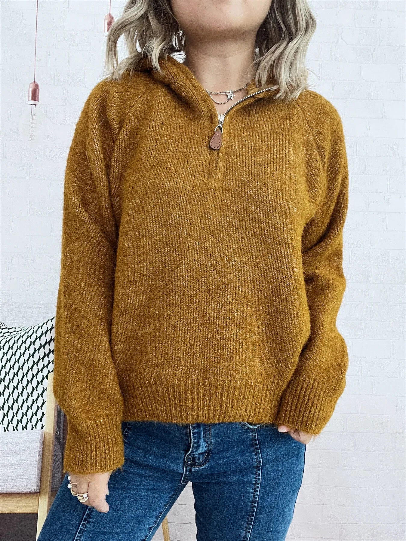 Women's Sweater Quarter Zip Hooded Ribbed Hem Long Sleeve Knitwear Khaki One Size bf10e02f452c409bbe81aea251d0875b-Max-Origin Trendsi