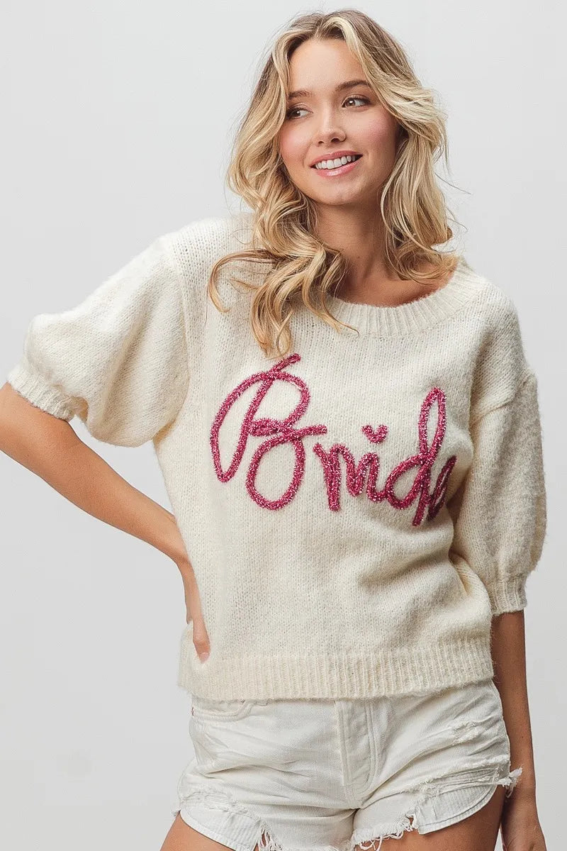 BiBi Metallic Letter Short Puff Sleeve Hairy Sweater bf159b50cbf74d5791c90d5cad43e90b-Max-Origin Trendsi