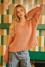 BiBi Womens Sweater Chunky Knit with Flower Detail Sleeves Peach bf17ddcd9e204a9abd02013239535c85-Max-Origin Trendsi