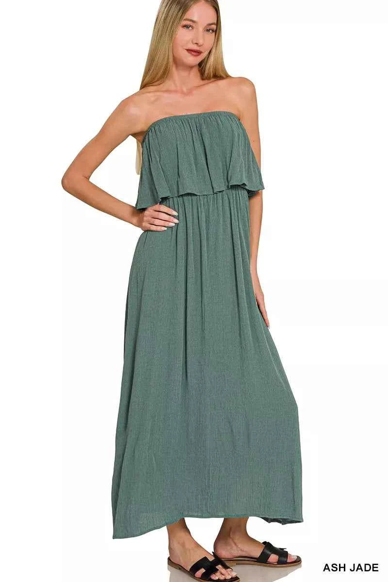 Zenana Woven Crinkle Strapless Maxi Dress