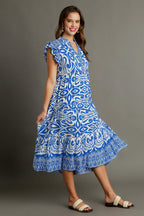 Umgee Midi Dress Floral Blue Two Tone Border Print Ruffle Cap Short Sleeve bf24dfe1-3ce0-41f8-b71c-f2deb1b1efdf-Max Trendsi