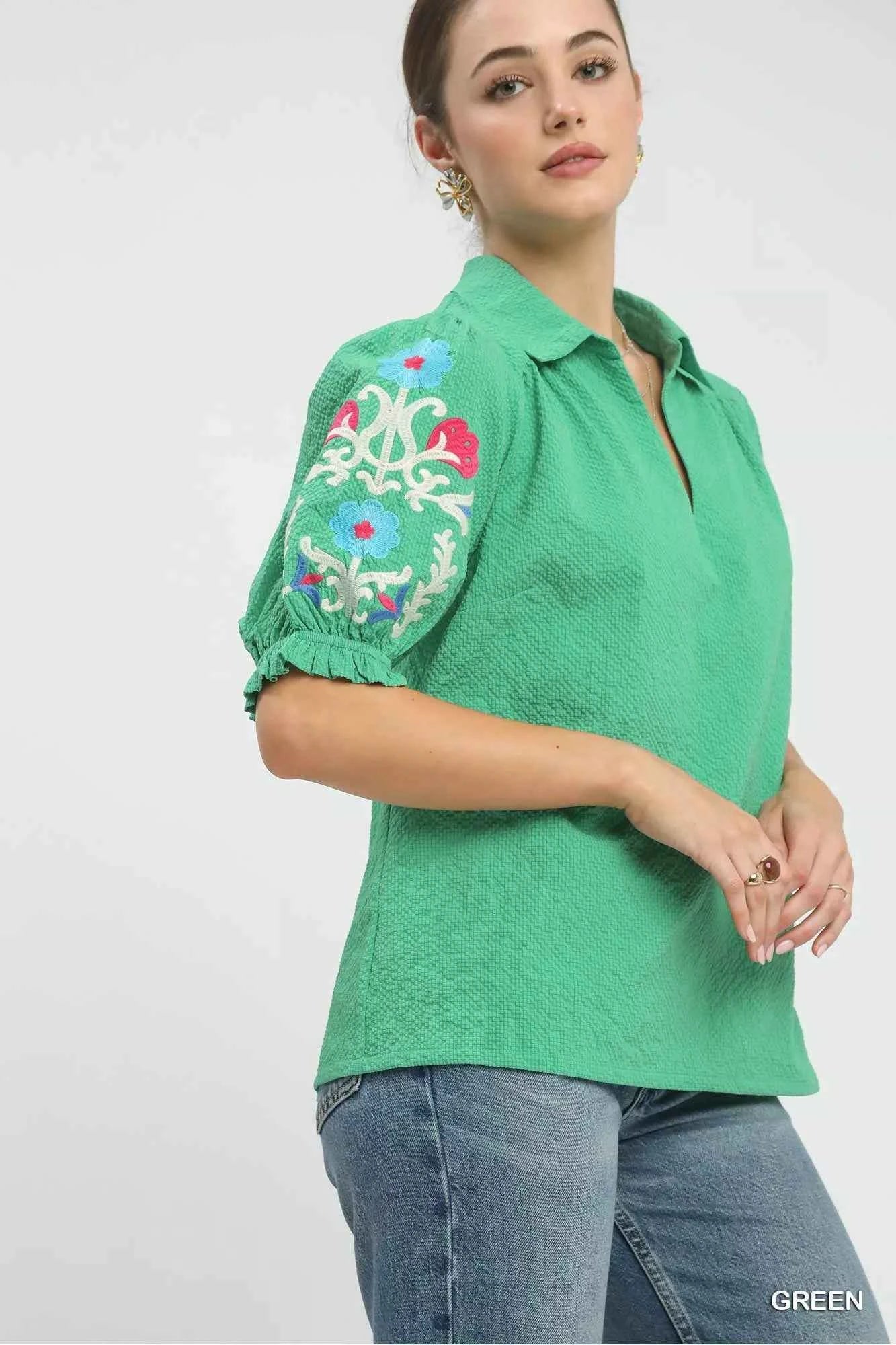 Umgee Seersucker Embroidered Sleeve Blouse