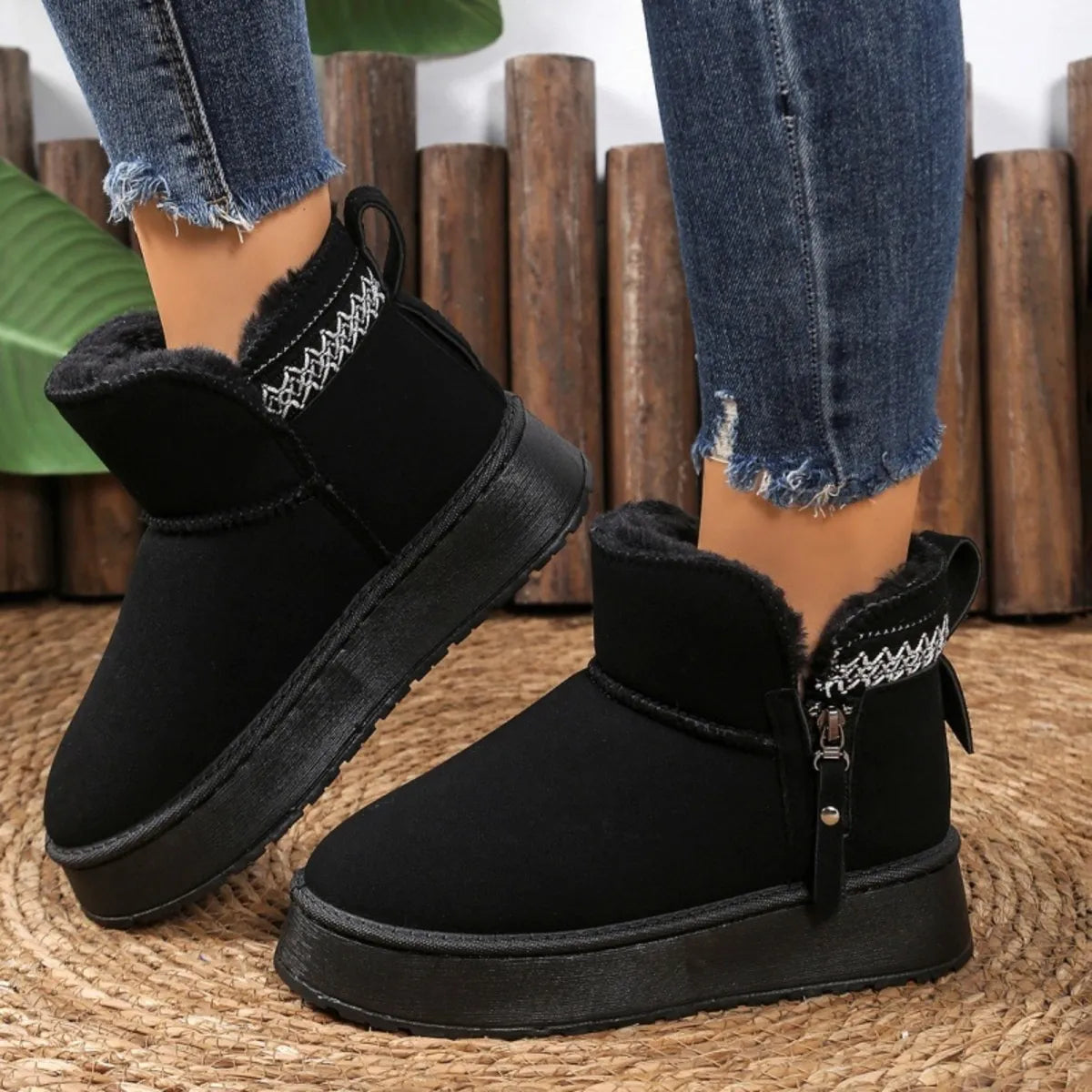 Women's Suede Ankle Boots with Decorative Strap Zipper Fluff Shoes bf350606b0b14242b18a3551edc77720-Max-Origin Trendsi