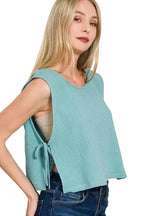 Zenana Blouse Dusty Teal Double Gauze Side Tie Sleeveless Top bf3824e27ed74b4099de7e70412c0197-Max-Origin Trendsi