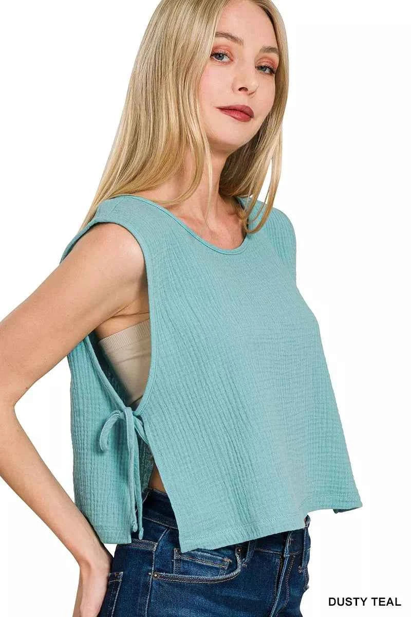 Zenana Blouse Dusty Teal Double Gauze Side Tie Sleeveless Top bf3824e27ed74b4099de7e70412c0197-Max-Origin Trendsi