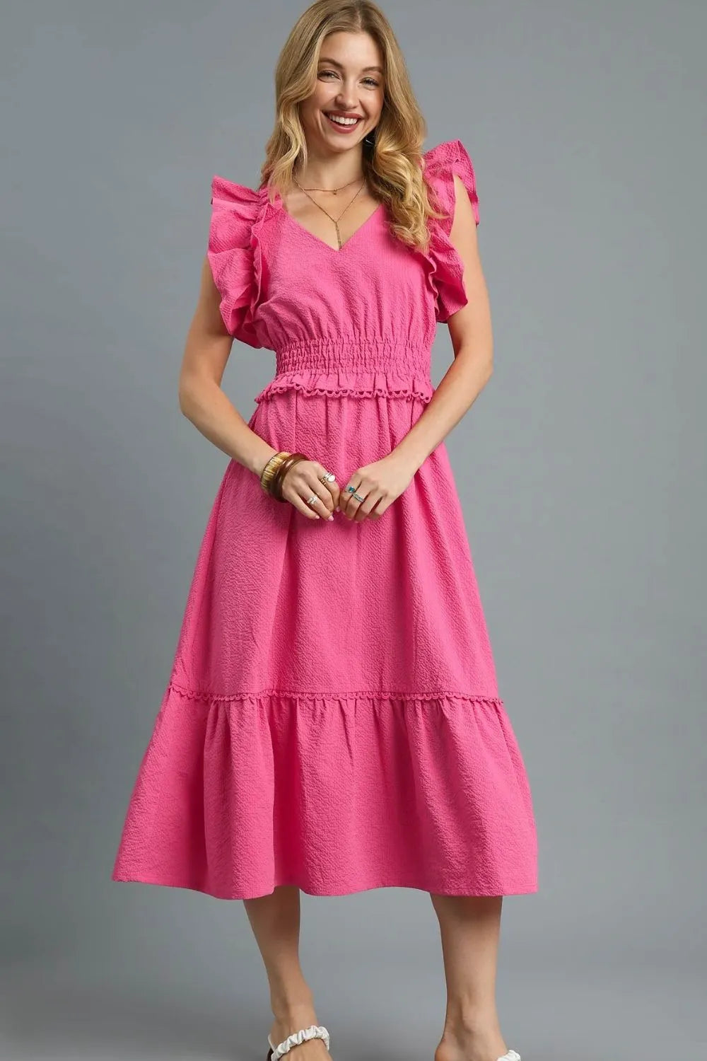 Umgee Midi Dress Hot Pink V-Neck Ruffled Cap Short Sleeve Smocked bf43b783-803e-4313-95f4-e74dd4d99563-Max-Origin Trendsi
