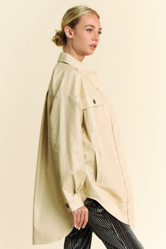 Davi & Dani Jacket Faux Leather Beige Button Up with Chest Pockets