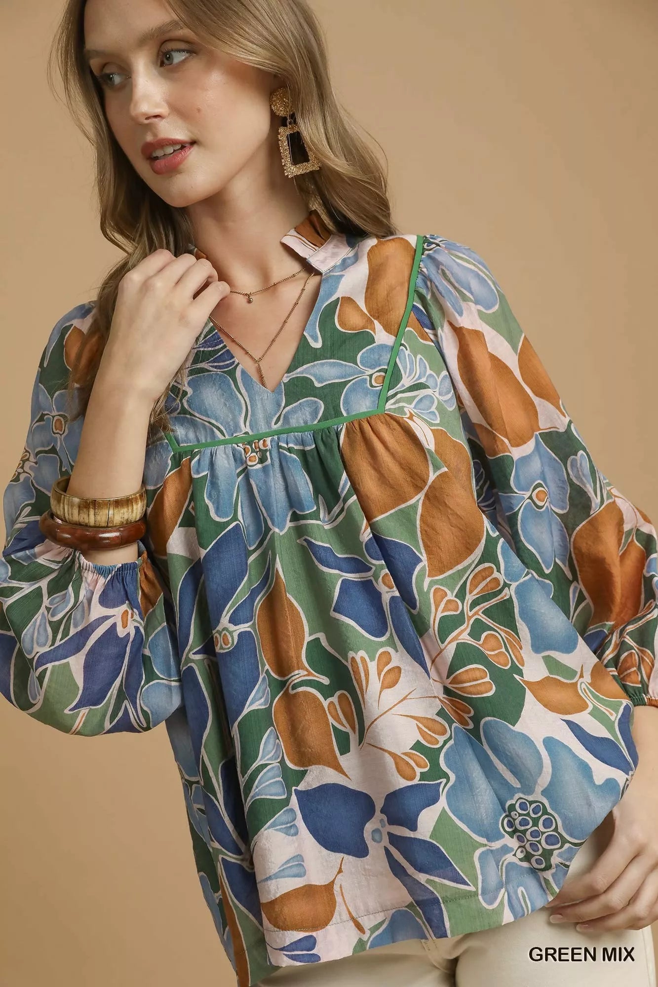 Umgee Blouse Green Floral Multicolor Abstract Print with Ruffle Neck Top