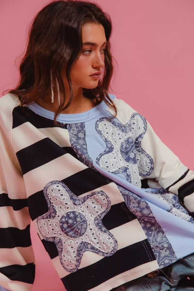 BiBi Sweatshirt Flower Patchwork Striped Round Neck Long Sleeve Top bf492cb99a2048fda8362a6e5f390296-Max-Origin Trendsi