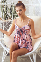BiBi Floral Blouse Pink Mix Printed Jersey Knit with Tie Ribbon Front Top bf526914d83546dfadef002bd540cdfe-Max-Origin Trendsi