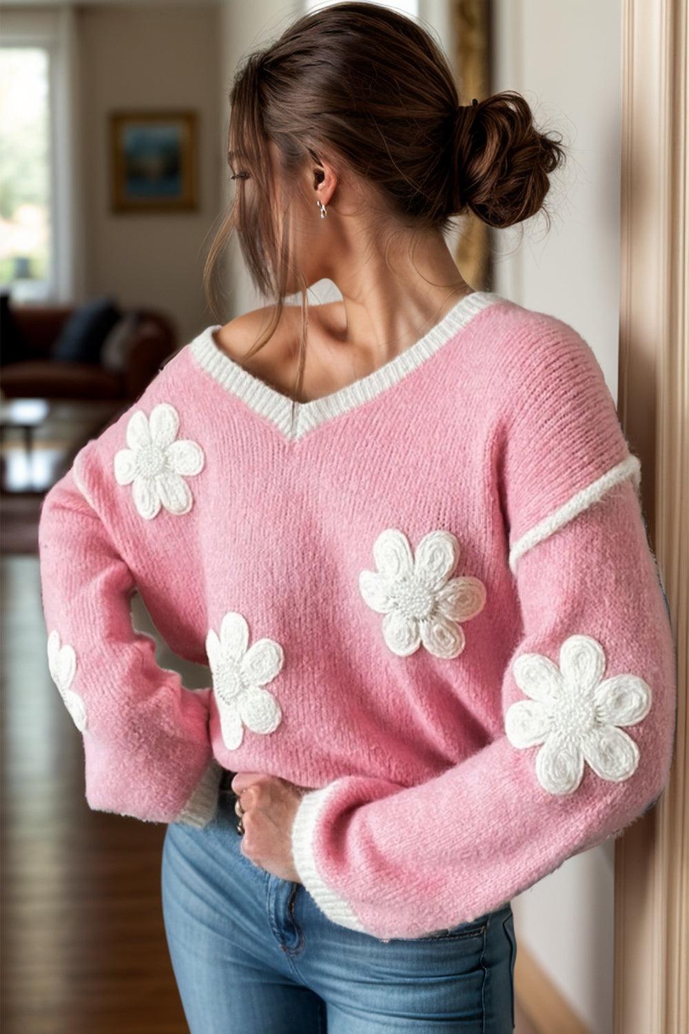 Sweater Pink Flower V-Neck Dropped Shoulder Knit Long Sleeve Knitwear Blush Pink bf5f594b-f737-429d-a51d-d8860595f772-Max Trendsi