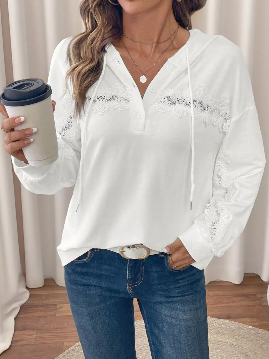 Women's Hoodie White Viscose Lace Detail Long Sleeve Drawstring Hood bf6a12f47bfb437b912ffc42b28da193-Max-Origin Trendsi