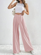 Women's Pants V-Waisted Ruched Front Wide Leg Trousers Pocketed Dusty Pink bf71e83b80f045648e51403daf5b9616-Max-Origin Trendsi