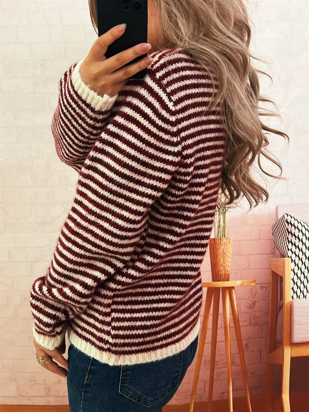 Women's Sweater Striped Button Detail Long Sleeve Pullover bf7c35352e55450b84a35e2583266b52-Max-Origin Trendsi