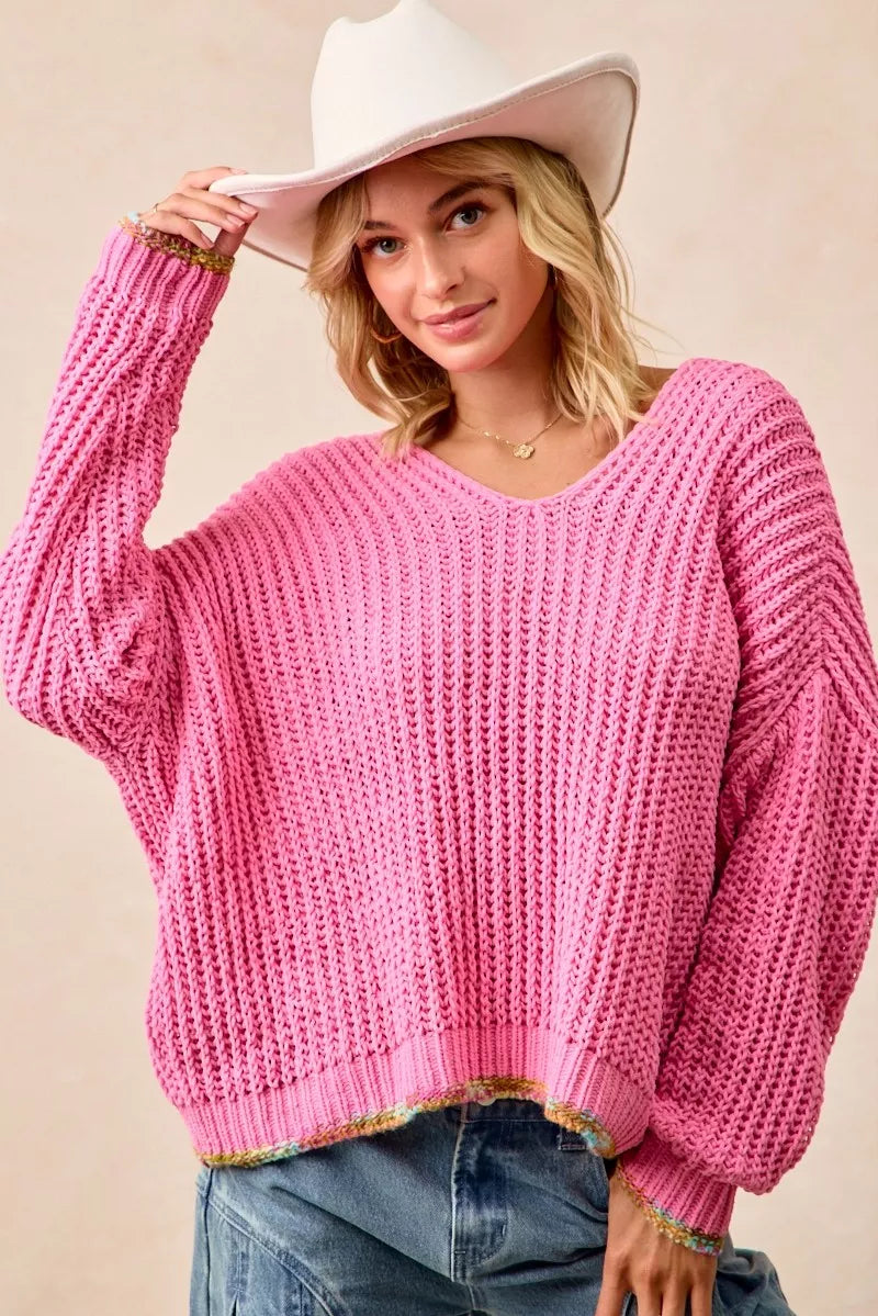 BiBi Womens V-Neck Sweater Pink with Colorful Trim bf82ed1655324d3e9cee99a815da2d6f-Max-Origin Trendsi