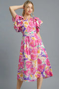 Umgee Midi Dress Hot Pink Floral Ruffled Cap Sleeve Smocked High Waist Hot Pink bf881c7b-86a4-46fc-80ea-8892283f8c1f-Max-Origin Trendsi