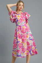 Umgee Midi Dress Hot Pink Floral Ruffled Cap Sleeve Smocked High Waist Hot Pink bf881c7b-86a4-46fc-80ea-8892283f8c1f-Max-Origin Trendsi
