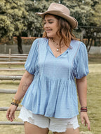 Plus Size Swiss Dot Tie-Neck Short Sleeve Blouse