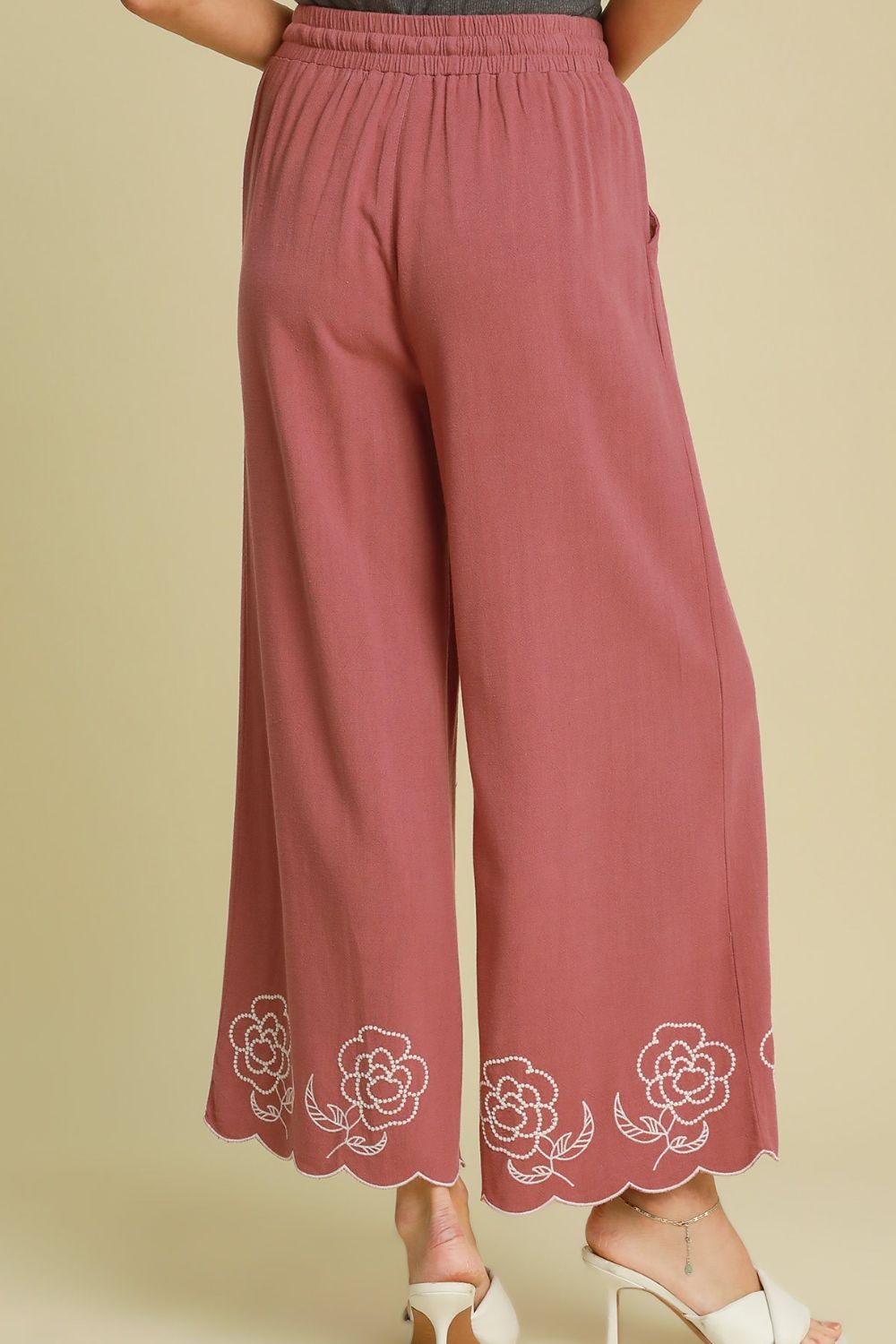 Umgee Pants Linen Blend Wide Leg Pants with Scalloped Hemline Pink bf982b72-5855-4f29-bb03-b5e95297706b-Max Trendsi